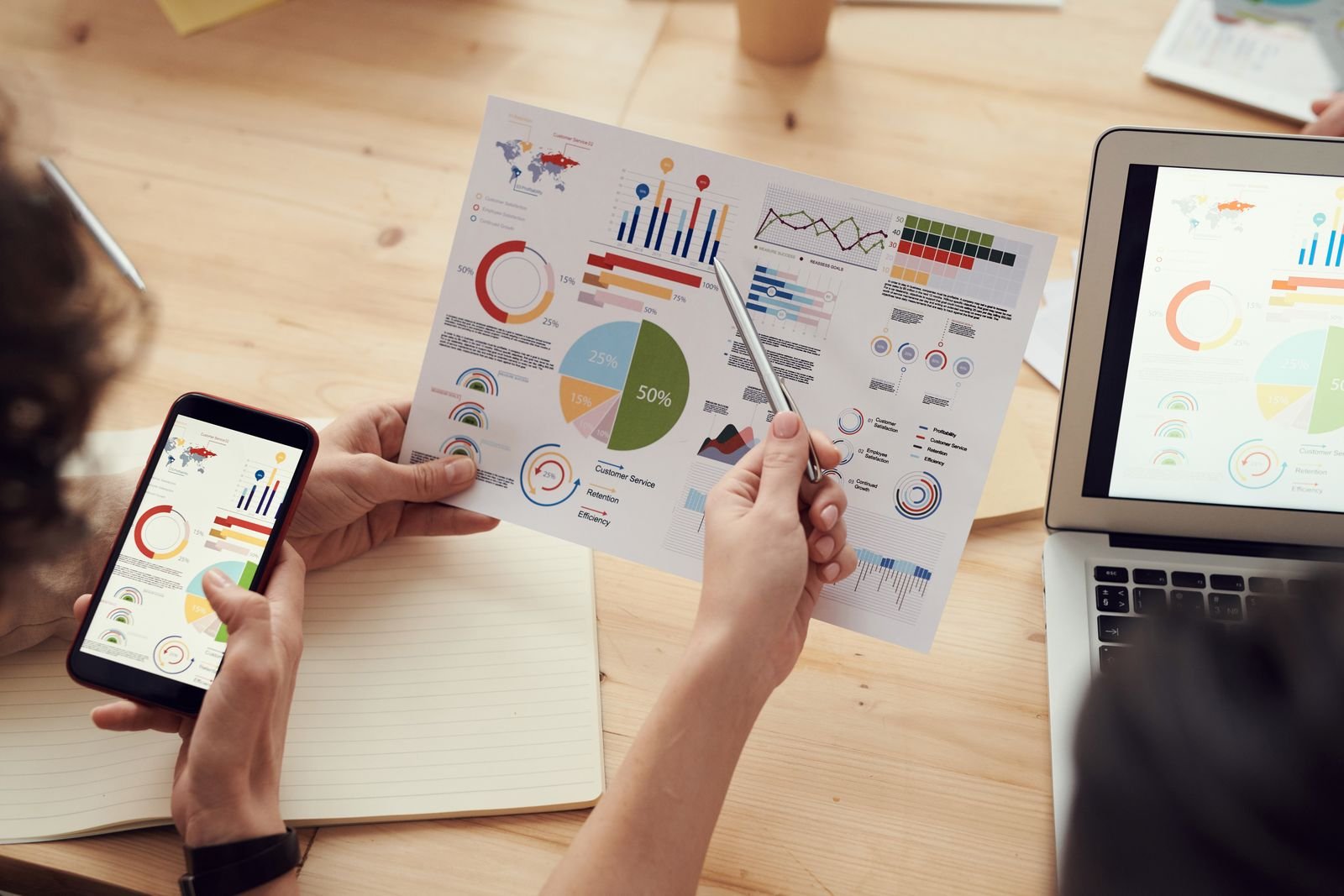 Kleines Team bespricht die Strategie für Online-Kundengewinnung am Tisch