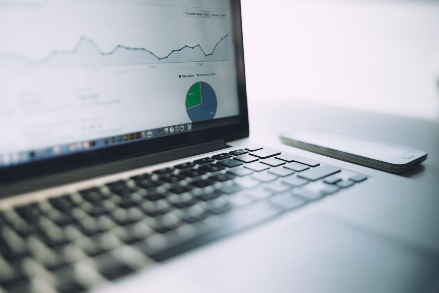 Laptop zeigt ein Analytics-Dashboard mit Diagrammen zur Website-Entwicklung